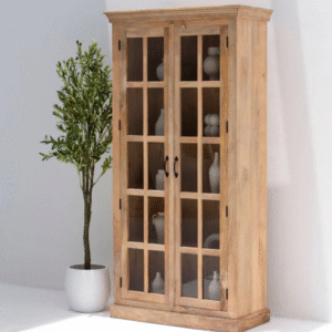 Ritzha Lisette Wooden Display Shelf | Wooden Bookshelf With Glass Natural Finish