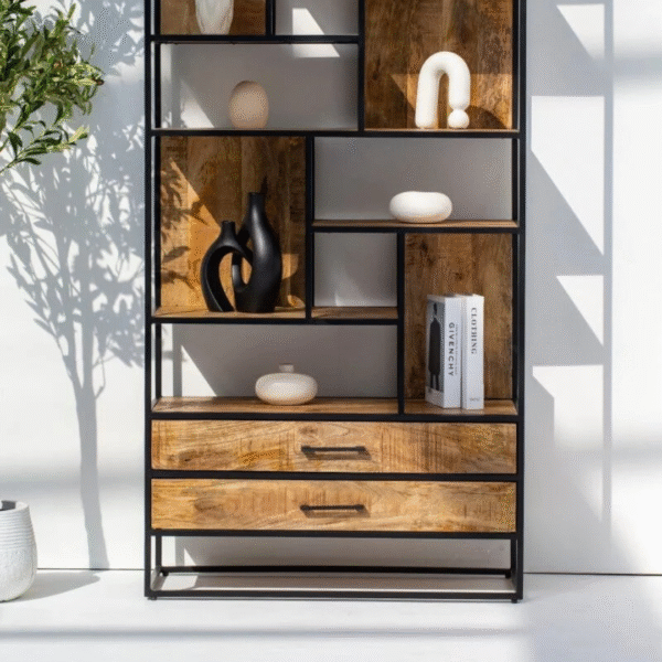 Ritzha Irida Shelf Unit with Two Drawers | Wooden Bookshelf + Iron