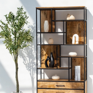 Ritzha Irida Shelf Unit with Two Drawers | Wooden Bookshelf + Iron