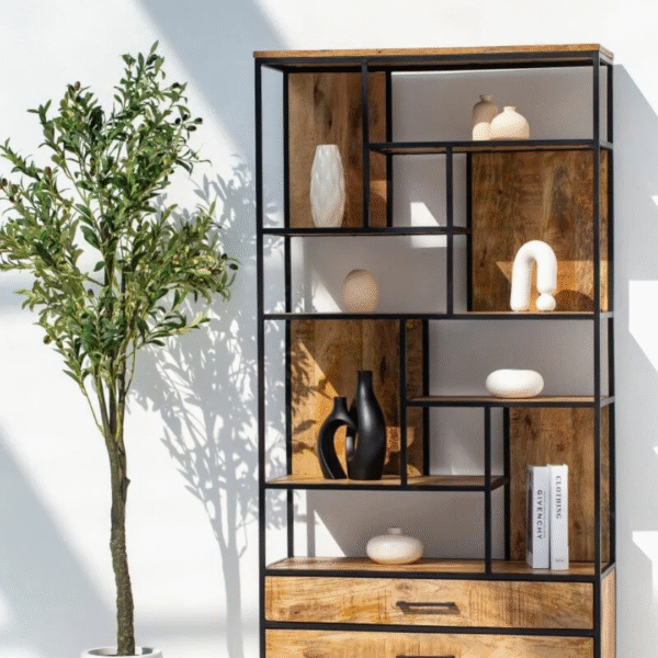 Ritzha Irida Shelf Unit with Two Drawers | Wooden Bookshelf + Iron