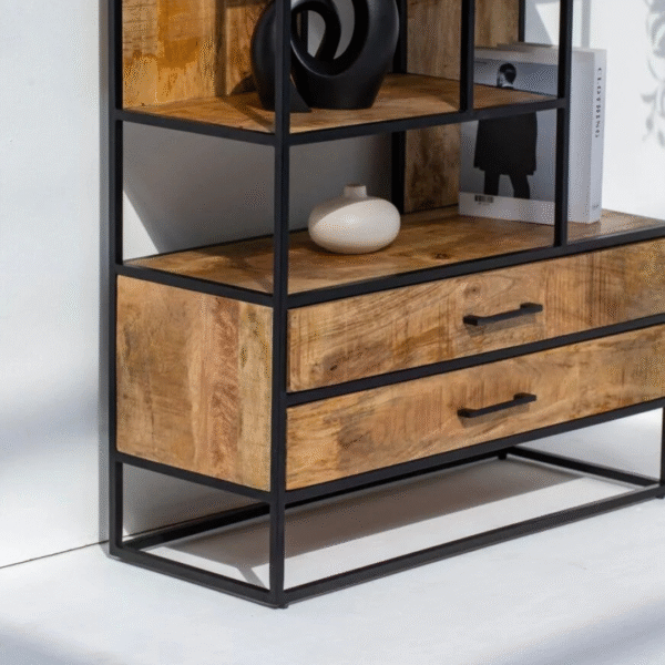 Ritzha Irida Shelf Unit with Two Drawers | Wooden Bookshelf + Iron