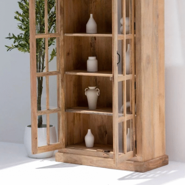 Ritzha Lisette Wooden Display Shelf | Wooden Bookshelf With Glass Natural Finish