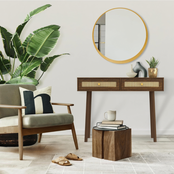 Ritzha Loft & Luv Remy Boho Mid-Century Console Entryway Table with Natural Rattan with Storage Drawer and Open Shelf