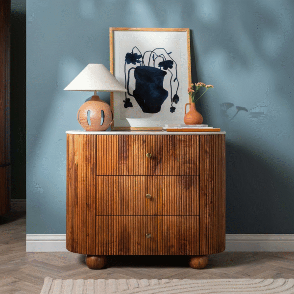 Ritzha Tasso  Fluted Teak Wood 3 Drawer Chest with White Marble Top