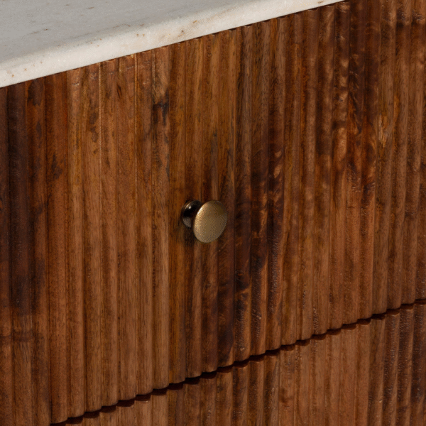 Ritzha Tasso  Fluted Teak Wood 3 Drawer Chest with White Marble Top