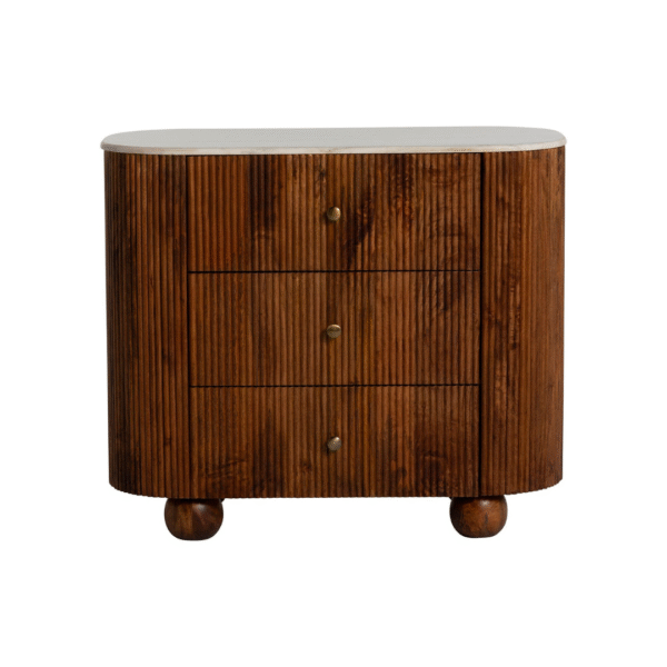 Ritzha Tasso  Fluted Teak Wood 3 Drawer Chest with White Marble Top