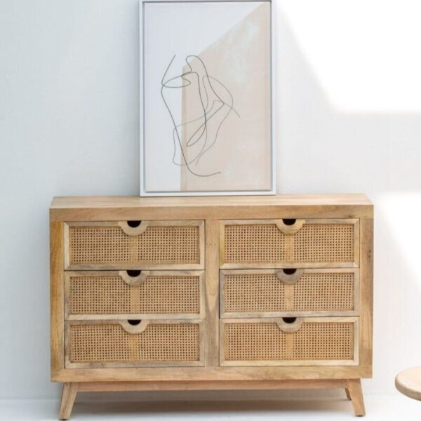 Natural teak rattan sideboard with six drawers.