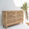 Natural teak rattan sideboard with six drawers.