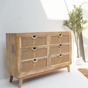 Natural teak rattan sideboard with six drawers.